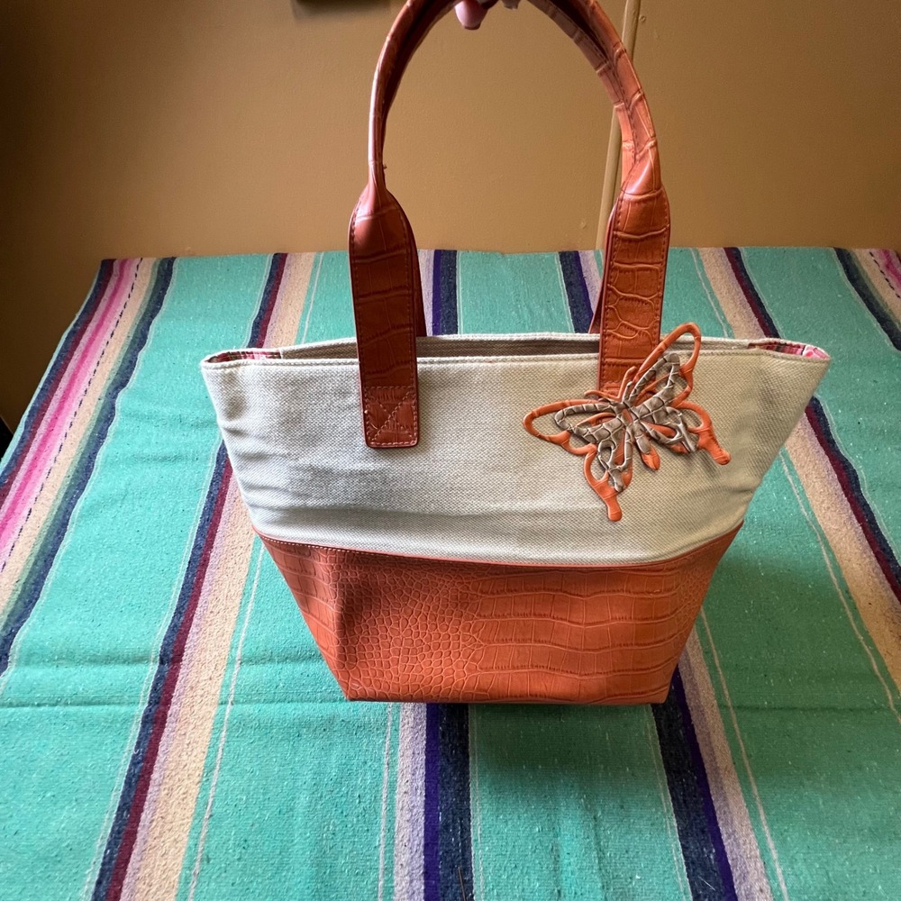 Stone Mountain Tote Bag Womens Large Orange Cream Canvas Croc Butterfly Y2K Boho